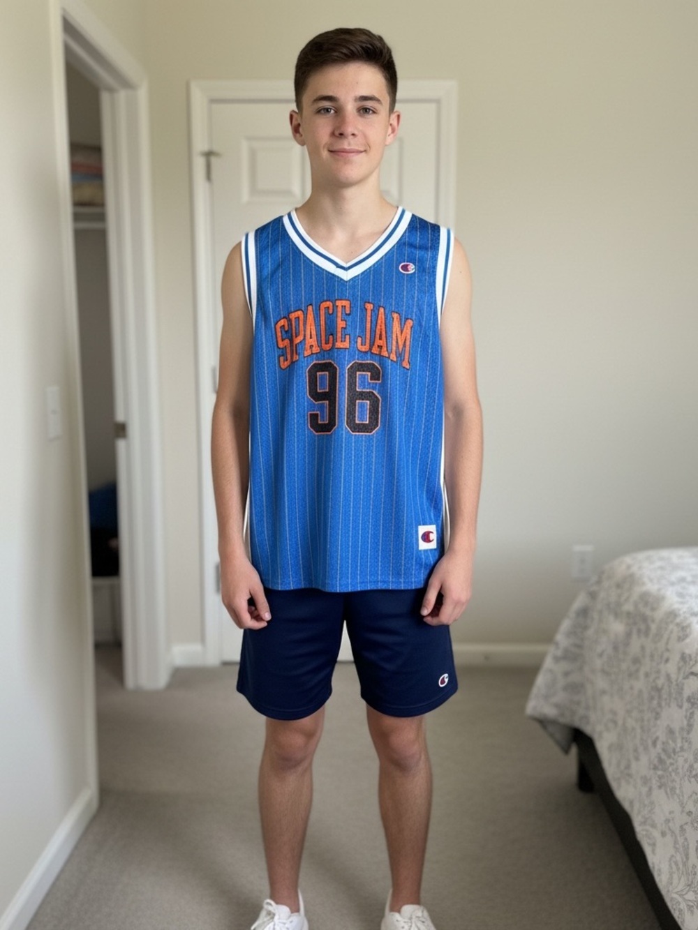 Champion Blue Space Jam Pinstripe Jersey with Orange Logo